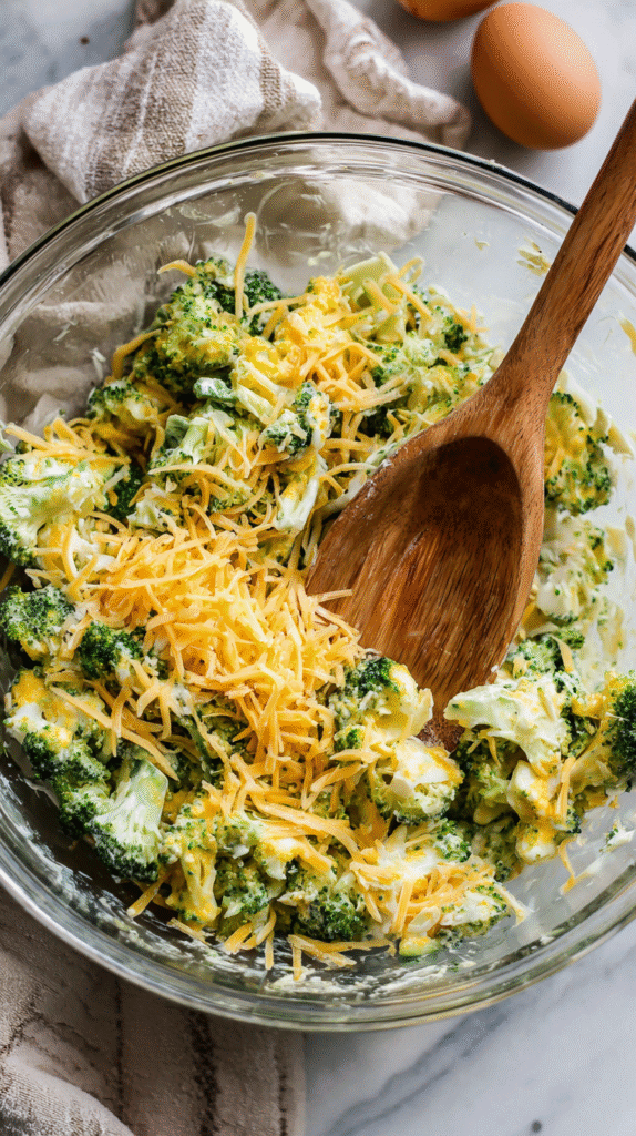 Mixing broccoli cheese mixture for rounds