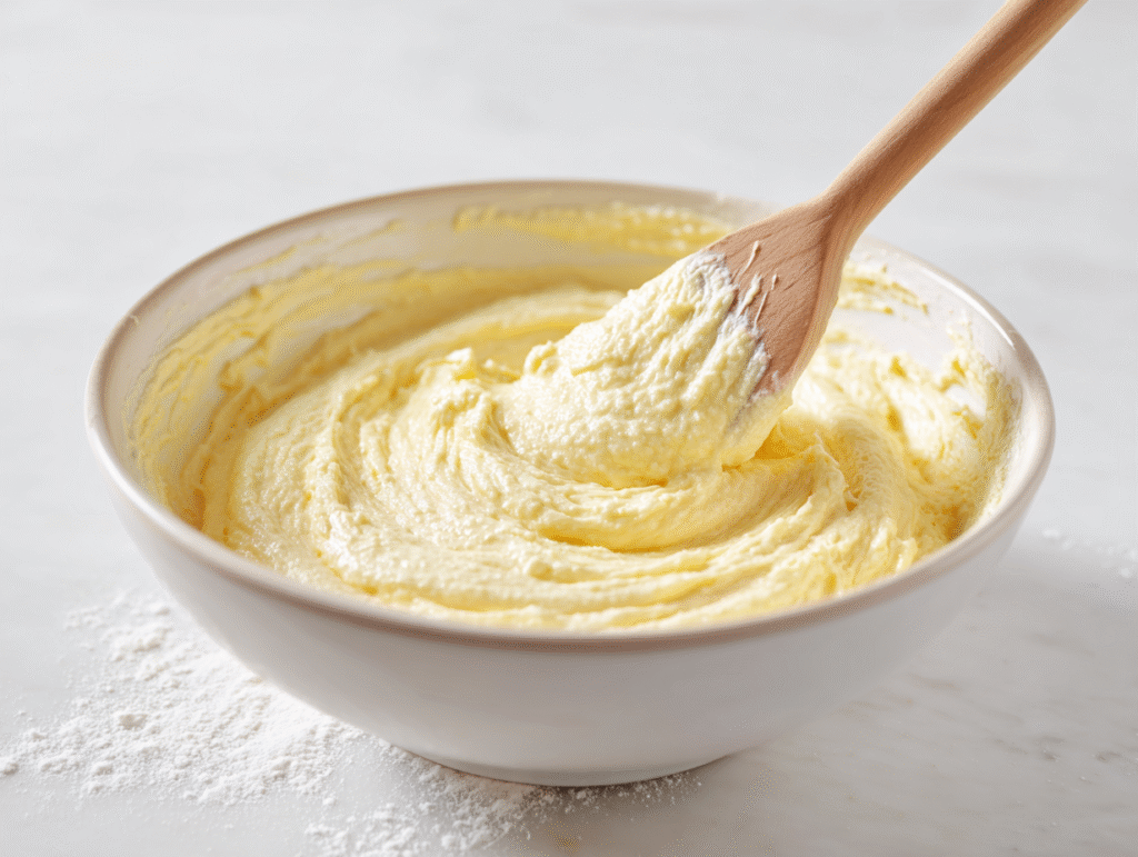 Mixing keto cupcake batter in a white bowl