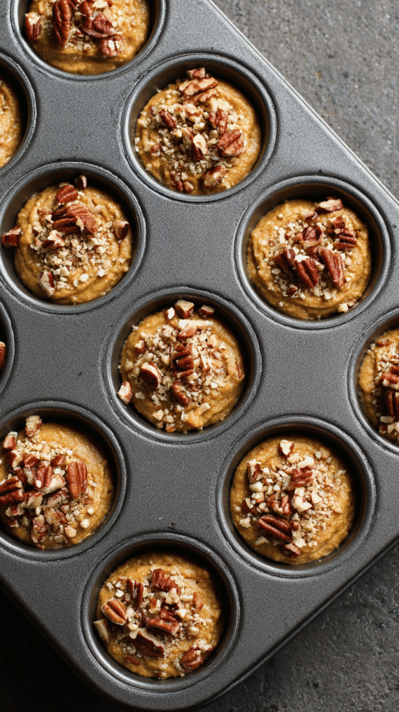 keto pumpkin muffin batter in tins with topping