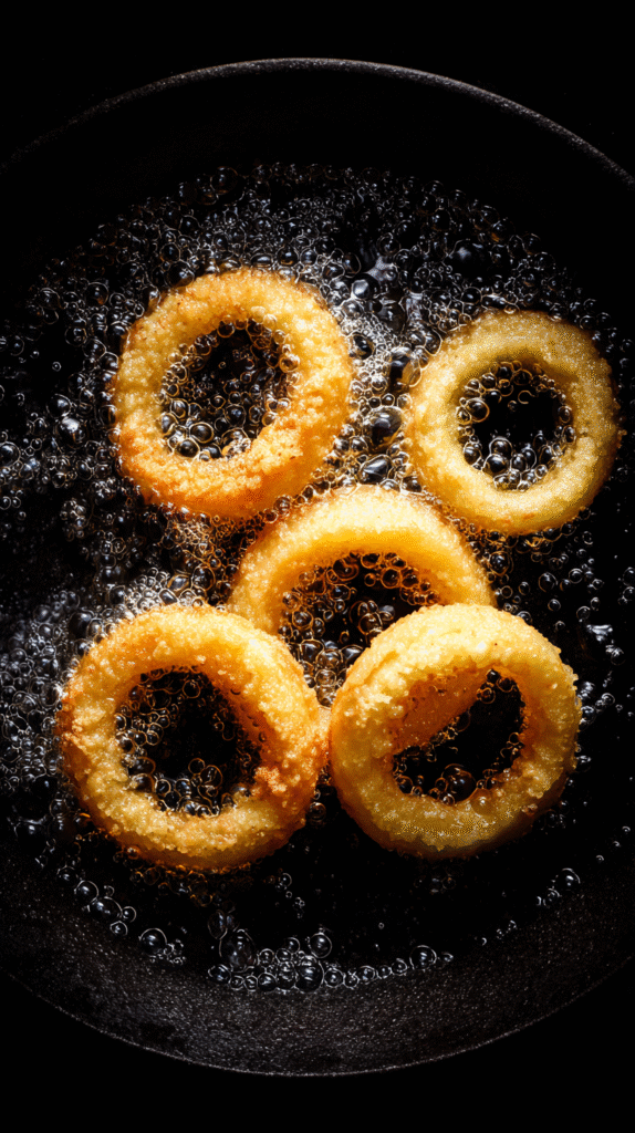 Keto onion rings frying in skillet
