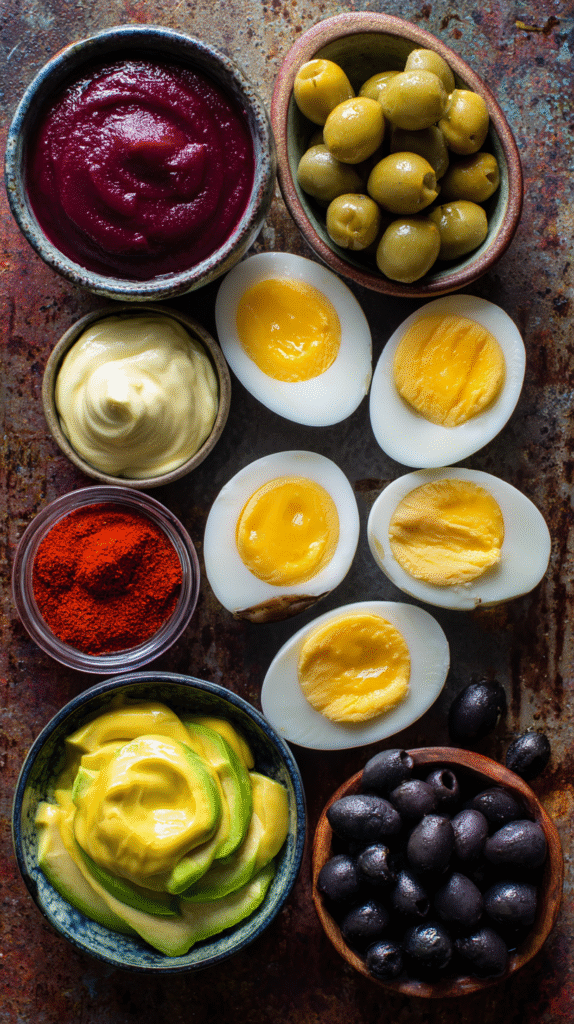 Creepy deviled eggs Halloween ingredients