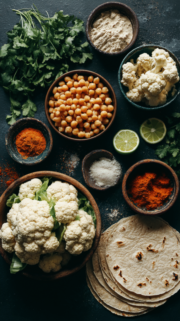ingredients for spicy chili lime chickpea cauliflower wrap