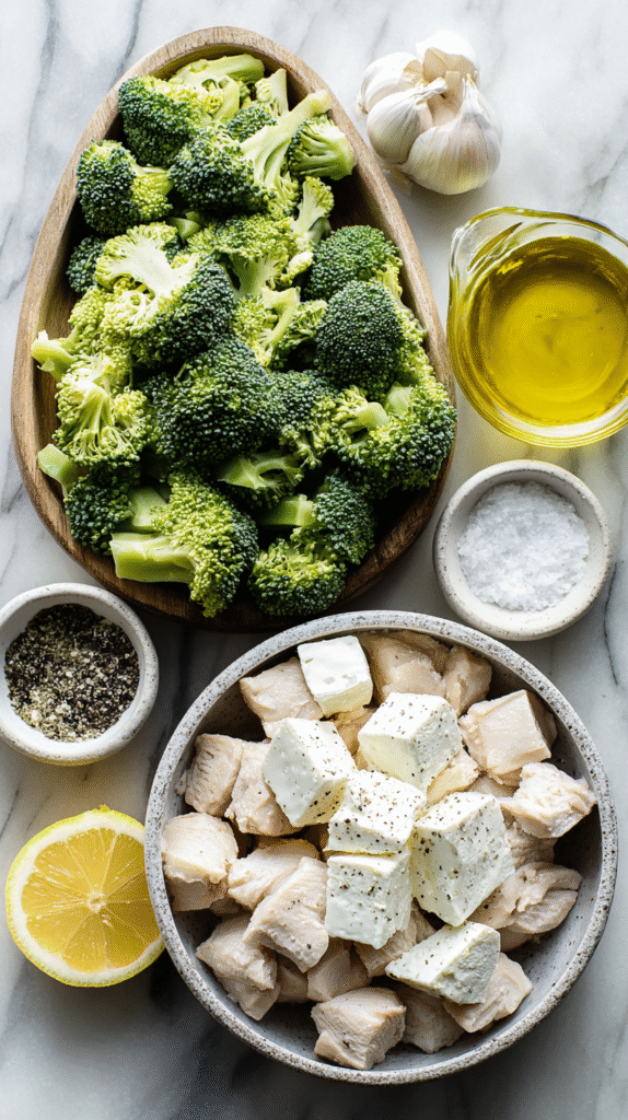 Ingredients for Garlicky Feta Broccoli Chicken Salad