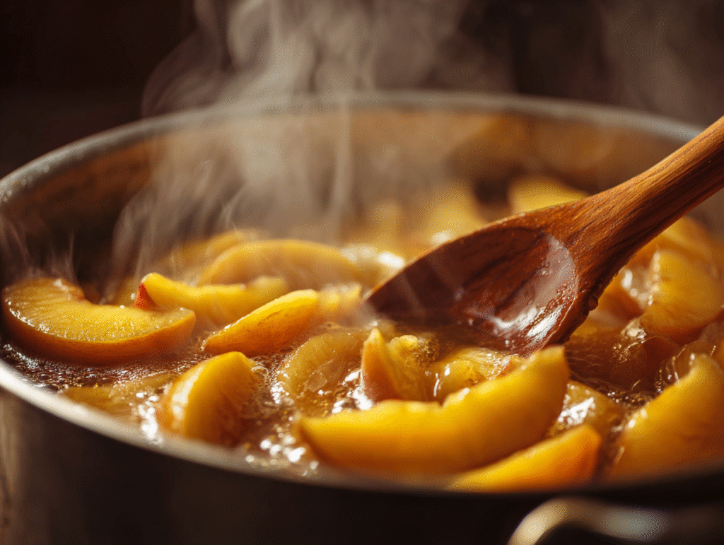 peaches simmering in sugar-free syrup for keto cobbler