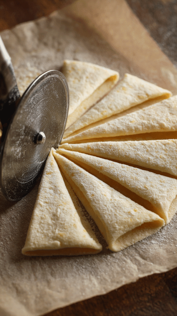 Cutting keto tortilla chips into triangles