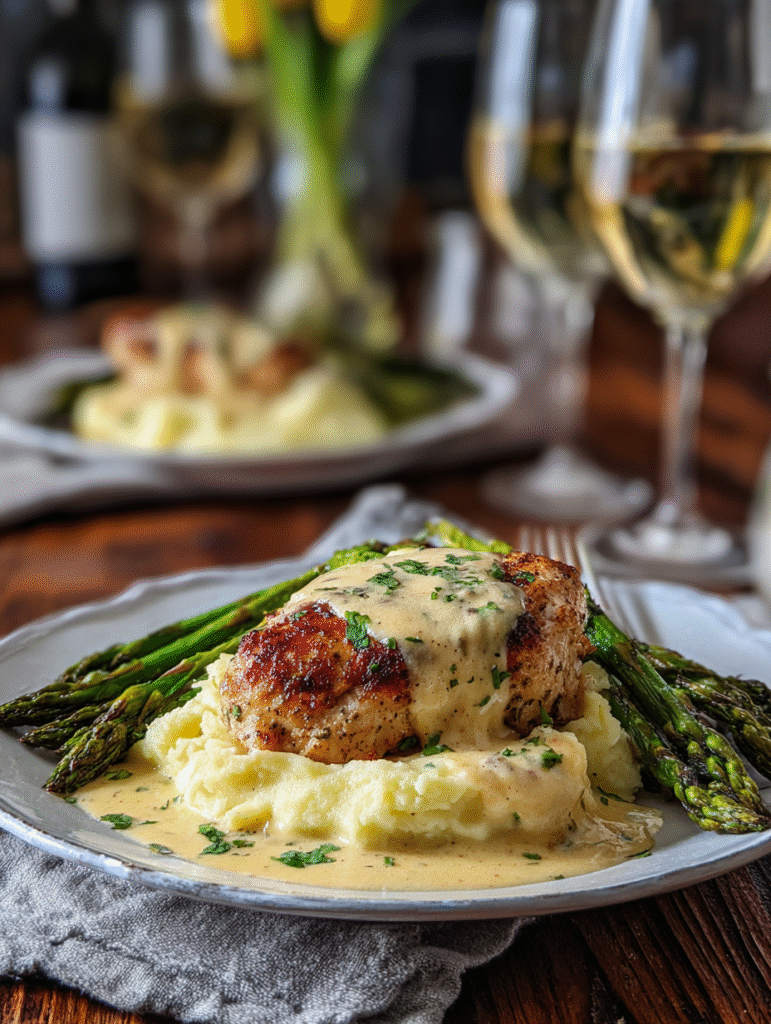 Plated creamy garlic Parmesan chicken with mashed potatoes and asparagusPlated creamy garlic Parmesan chicken with mashed potatoes and asparagus