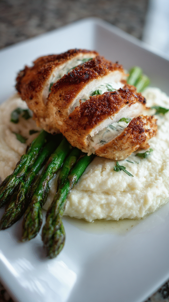 Keto cheese stuffed chicken breast served with sides