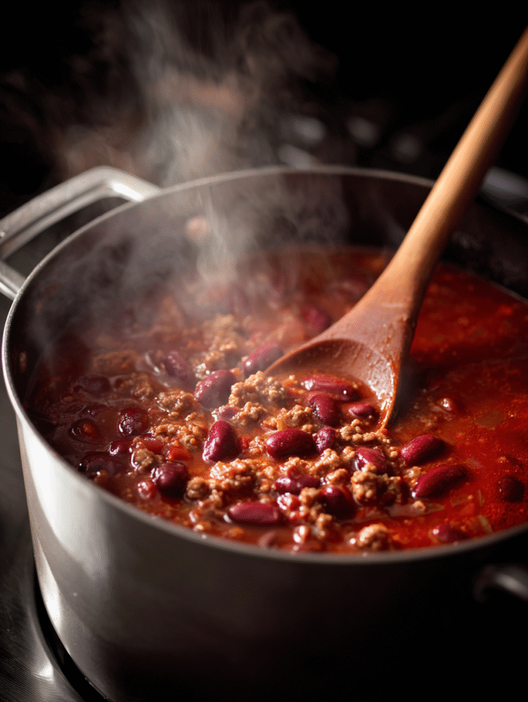Stovetop chili simmering in pot