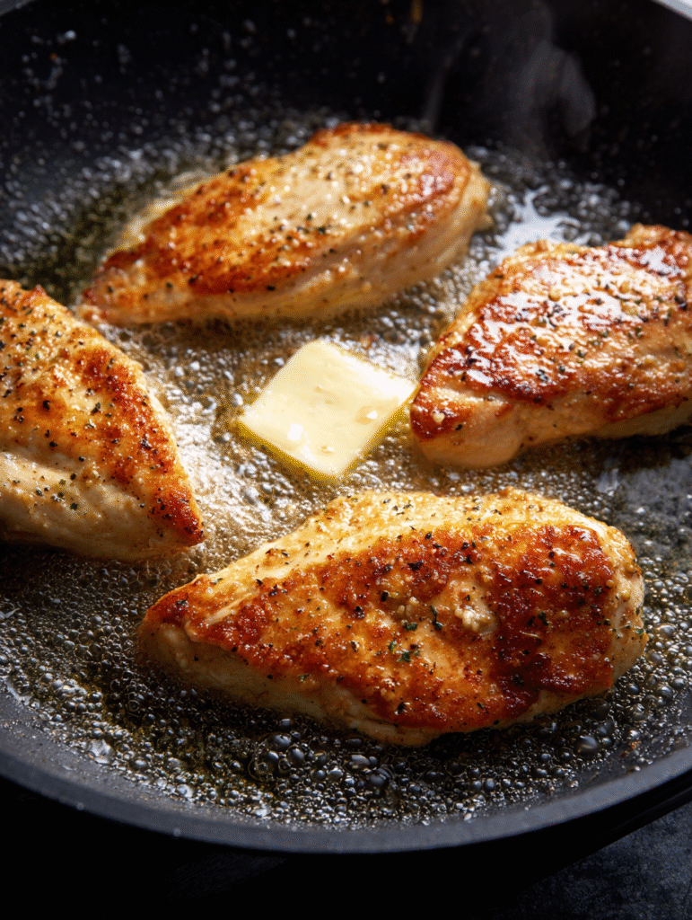 Searing chicken breasts in skillet for creamy garlic Parmesan chicken
