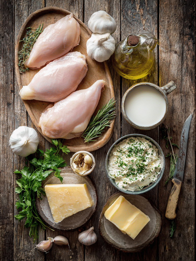 Ingredients for creamy garlic Parmesan chicken on rustic table