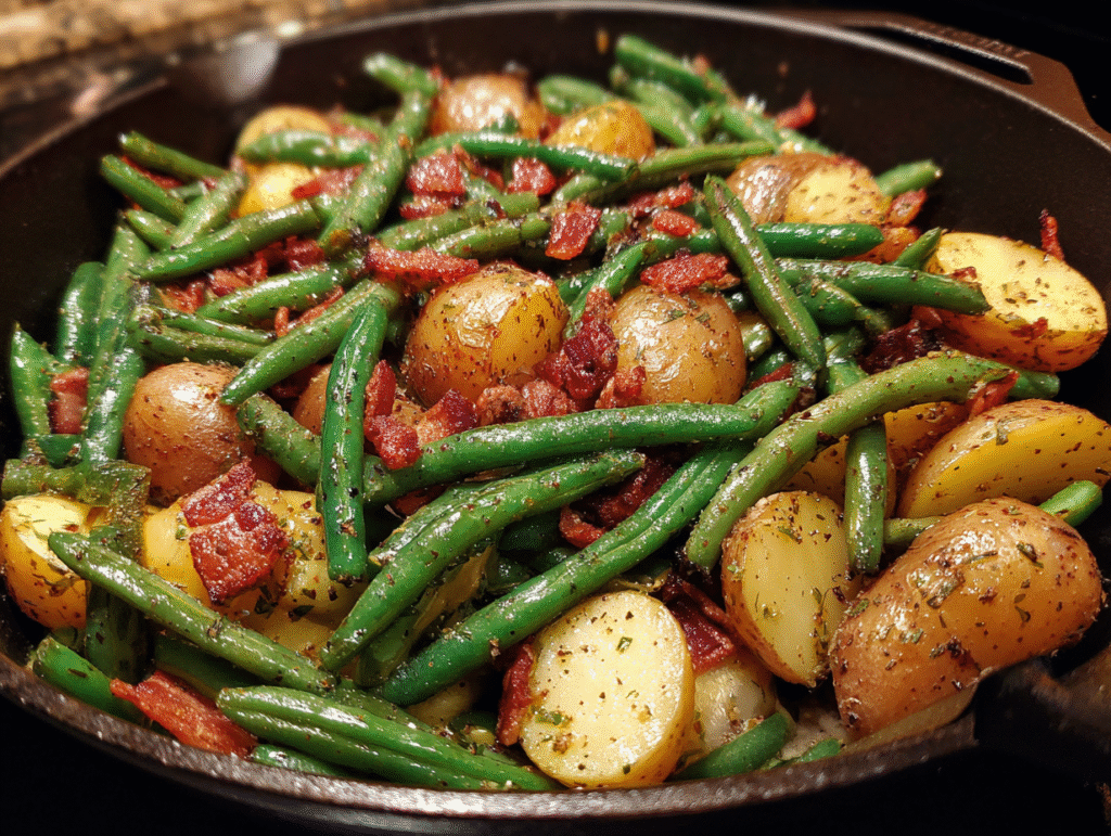 Finished dish of ranch green beans and potatoes