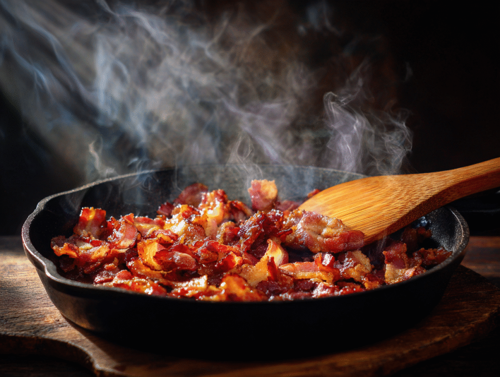 Bacon cooking in skillet for ranch green beans