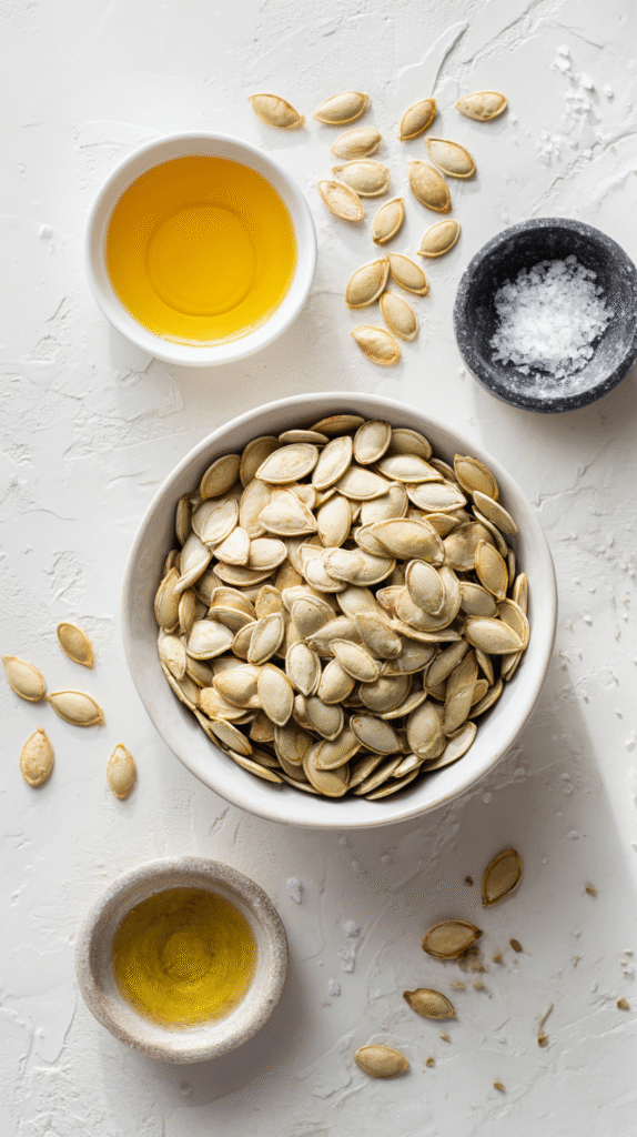 Raw pumpkin seeds with salt and olive oil on marble