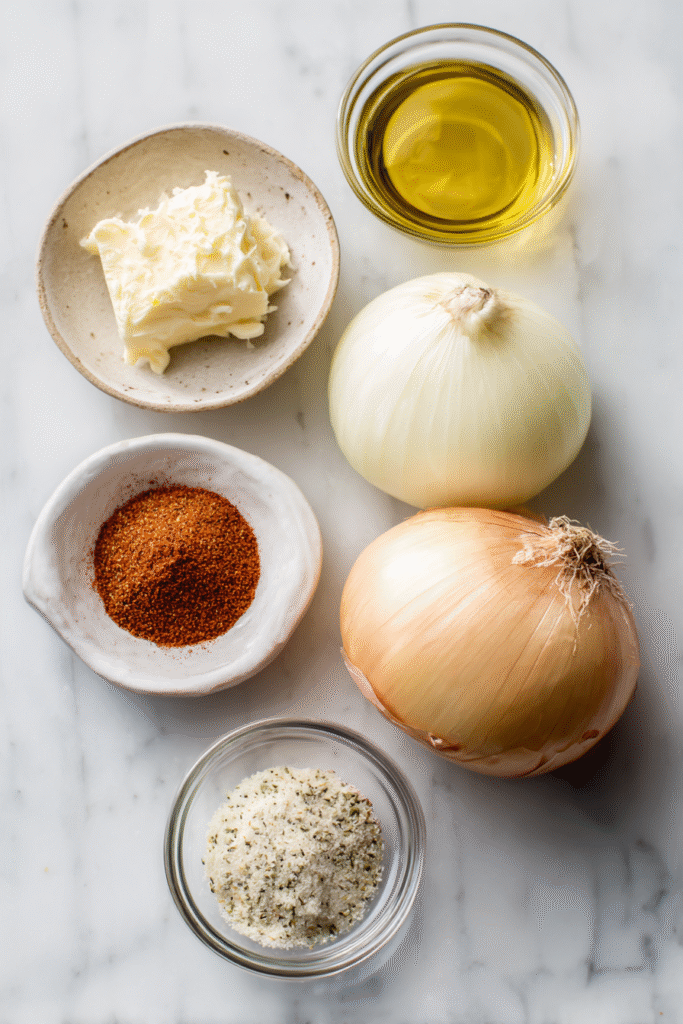 Raw onion, vegan butter, Cajun seasoning, olive oil, and garlic powder arranged on a white surface