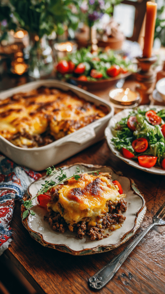 Serving of Low Carb Philly Cheesesteak Casserole with salad