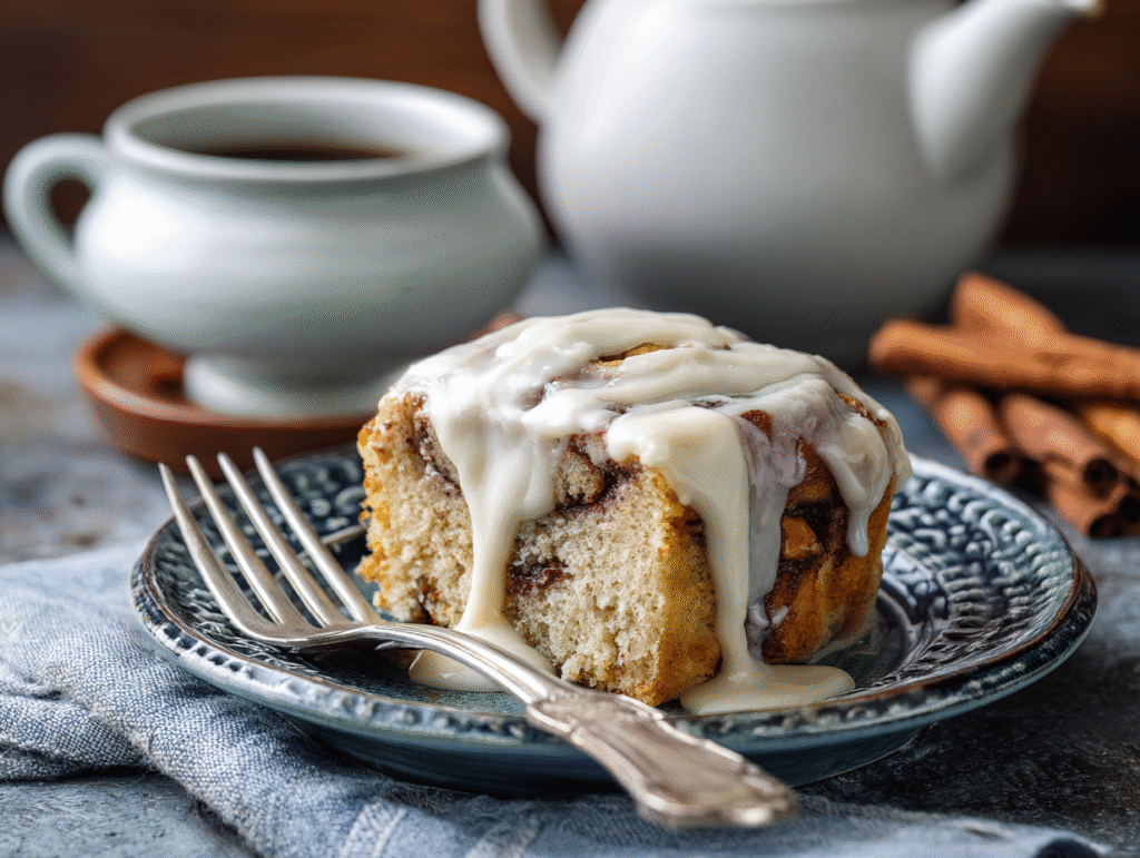 Slice of low carb cinnamon roll cake with cream cheese glaze