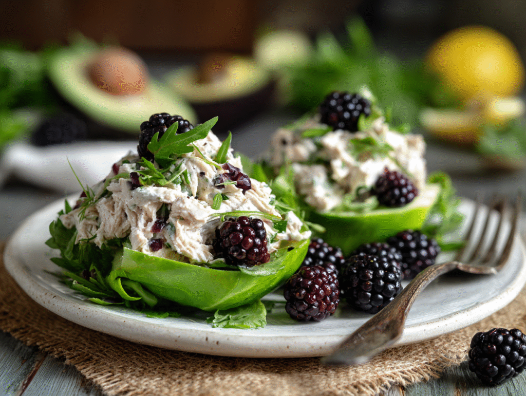 Cottage cheese chicken salad served in avocado halves