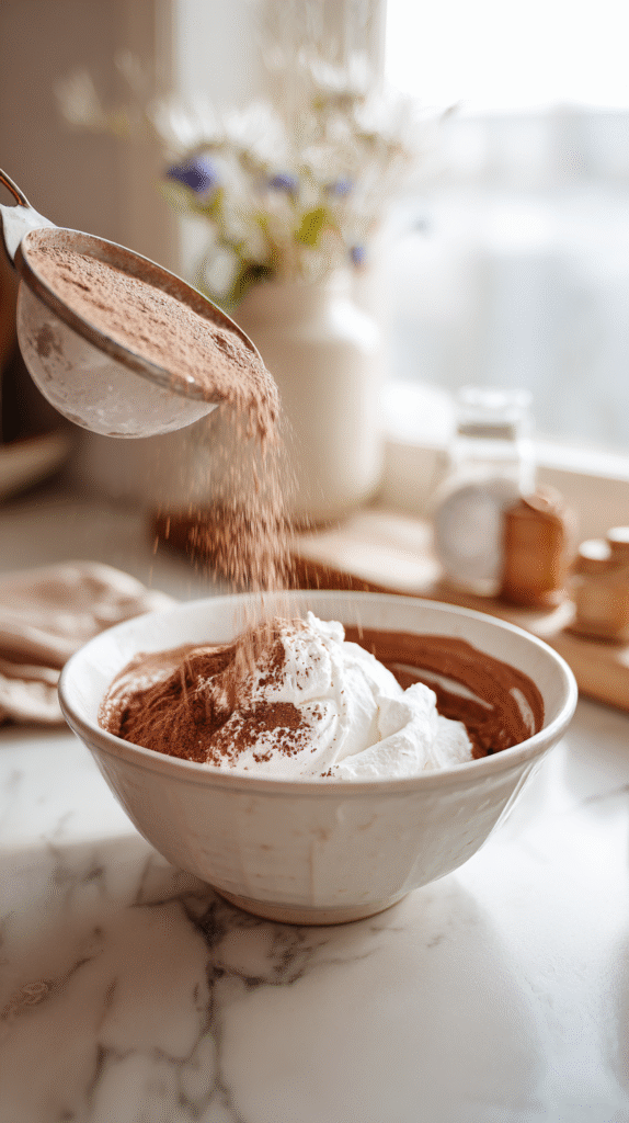 Mixing cocoa powder into whipped cream