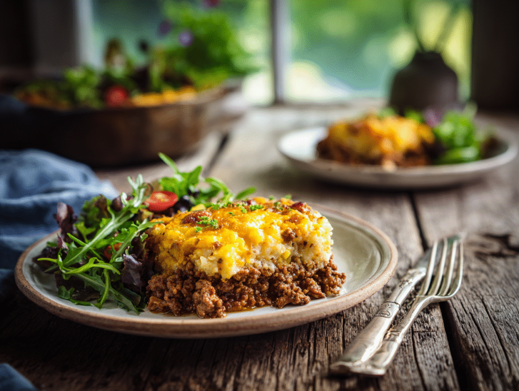 A serving of cheesy cauliflower rice casserole with salad
