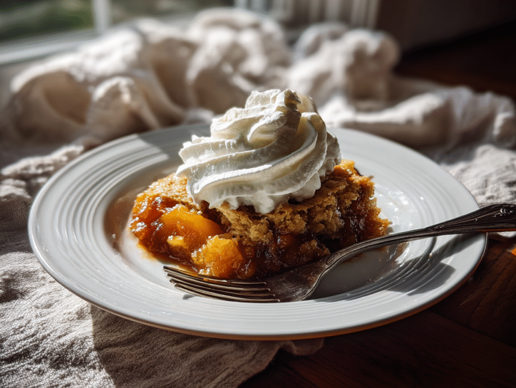 plated keto peach cobbler with whipped cream