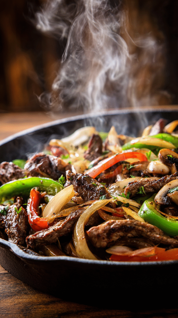 Sautéing beef and veggies for Low Carb Philly Cheesesteak Casserole