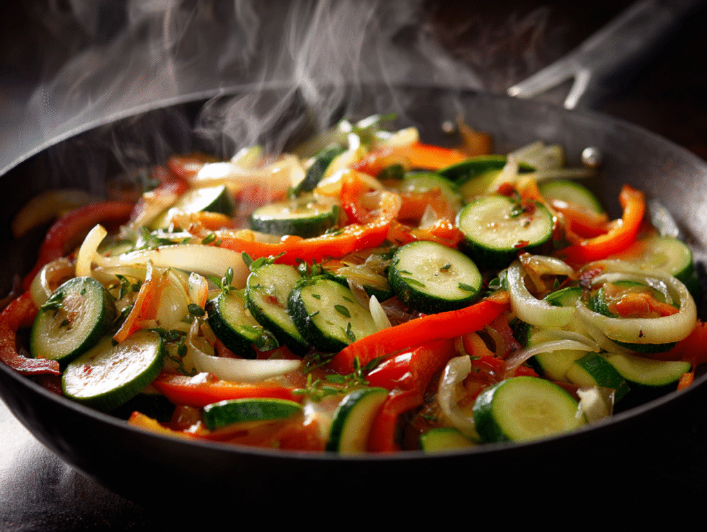 Zucchini, bell pepper, and onion cooking in skillet