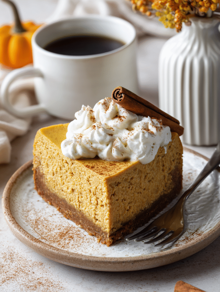 Slice of keto pumpkin cheesecake with whipped cream.