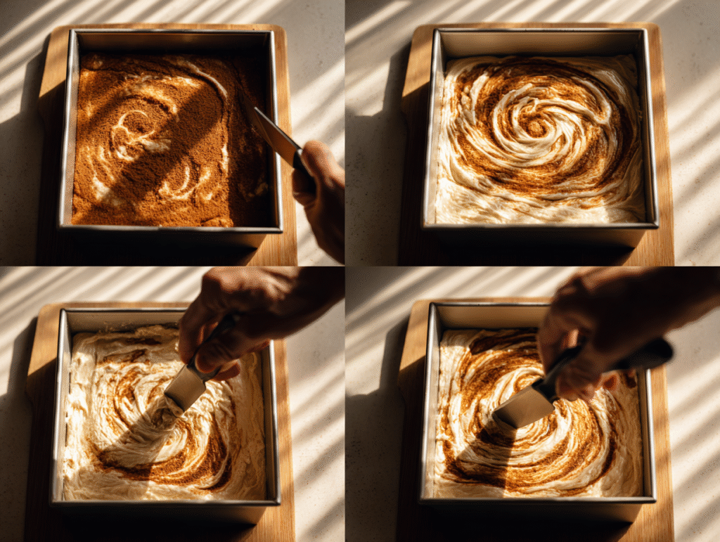 Swirling cinnamon layer into low carb cake batter in a pan