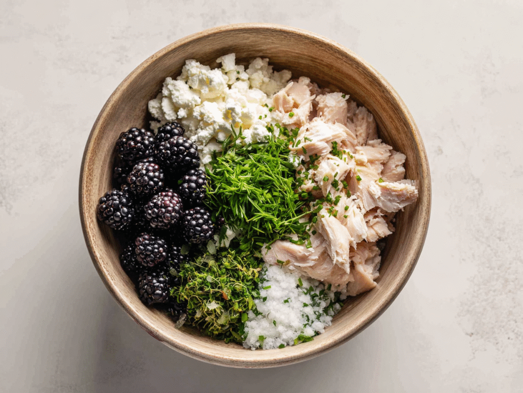 Mixing chicken salad with blackberries and cottage cheese