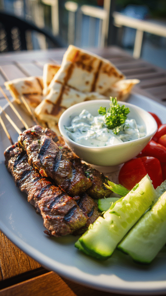 Keto tzatziki sauce served with grilled lamb and veggies