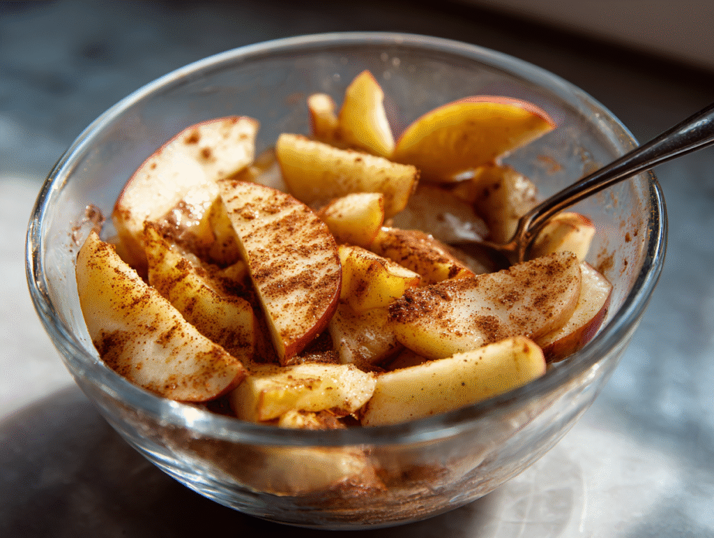 Tossing apple filling for keto crisp
