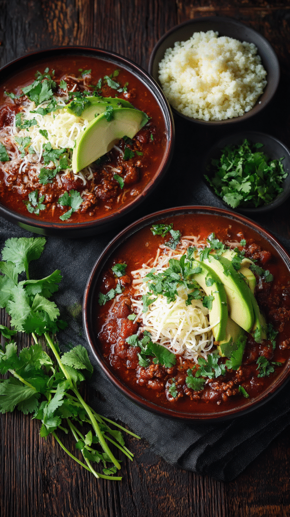 serving keto chili with cauliflower rice
