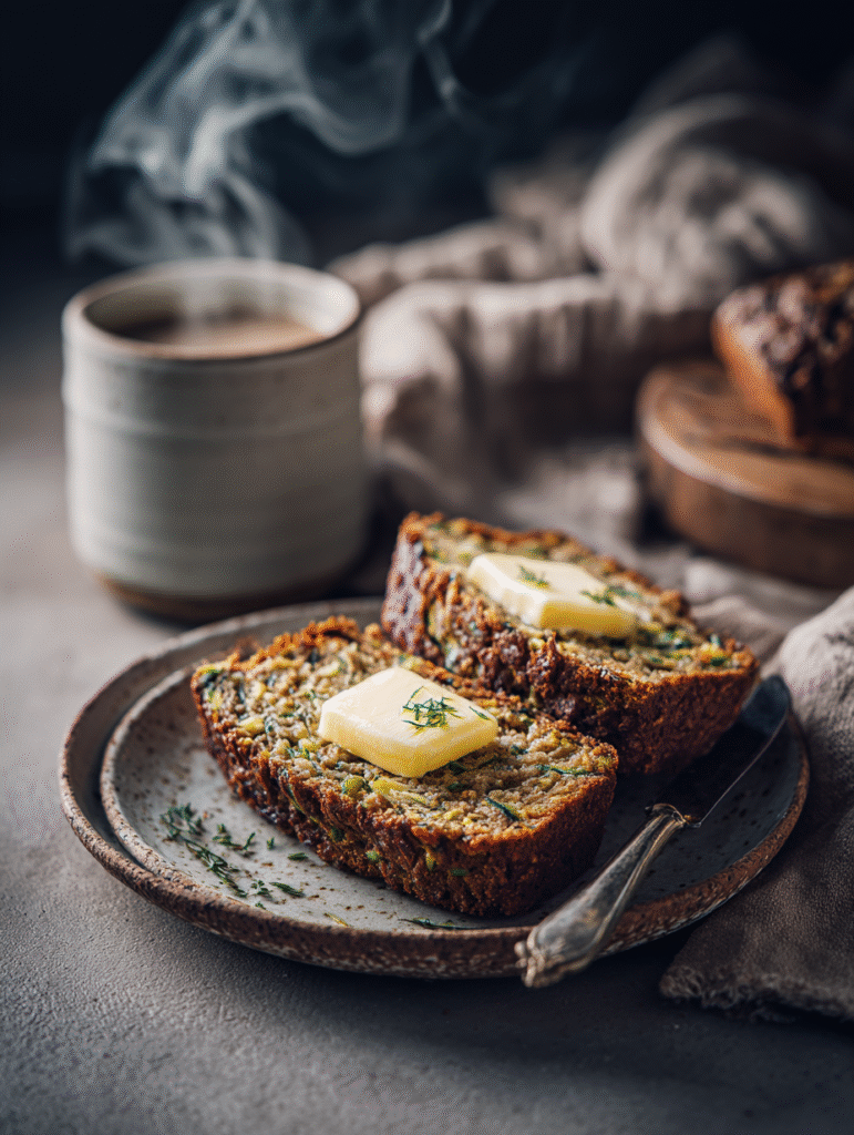 keto zucchini bread slices with butter and coffee