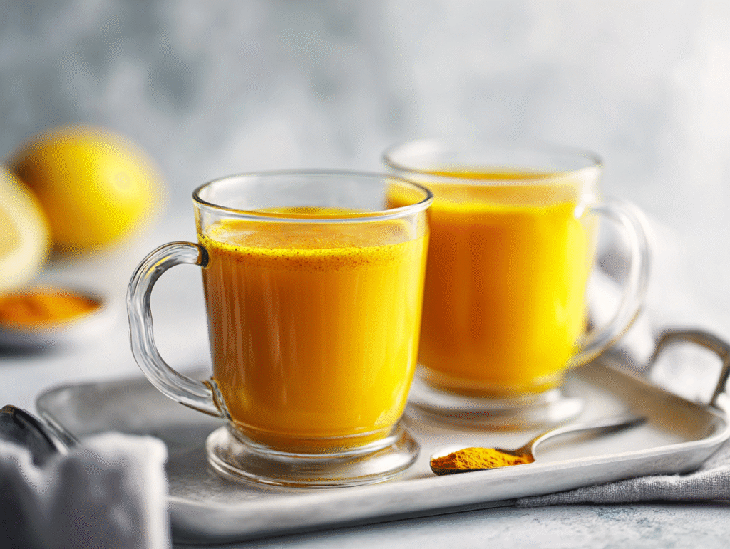 turmeric hack drink served in two mugs with cozy setup