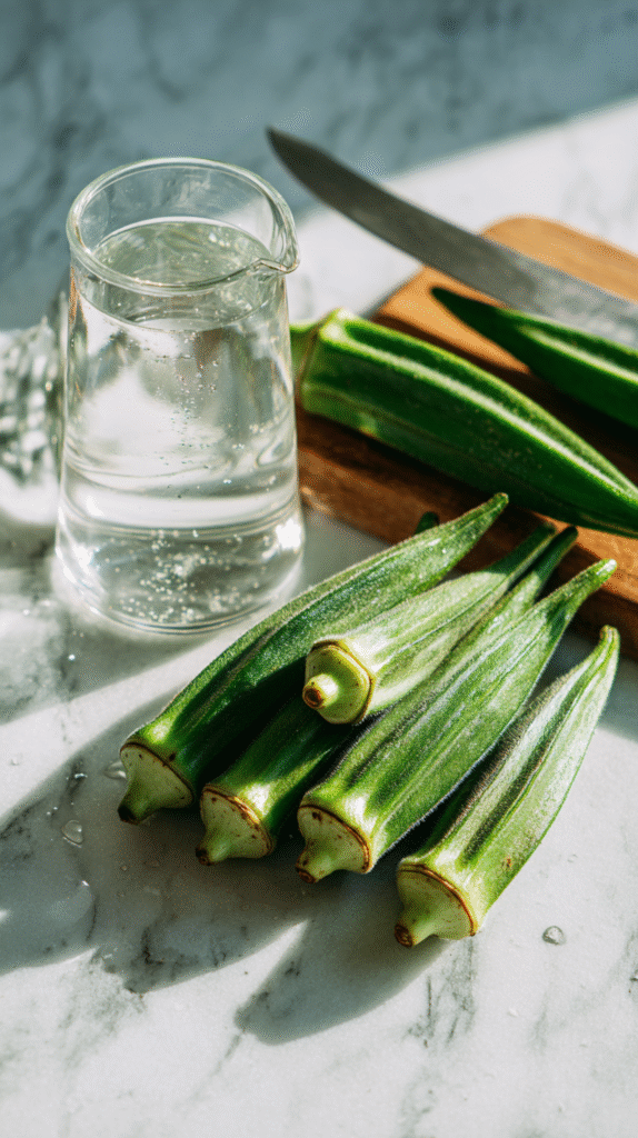 Fresh okra pods and water for making okra water