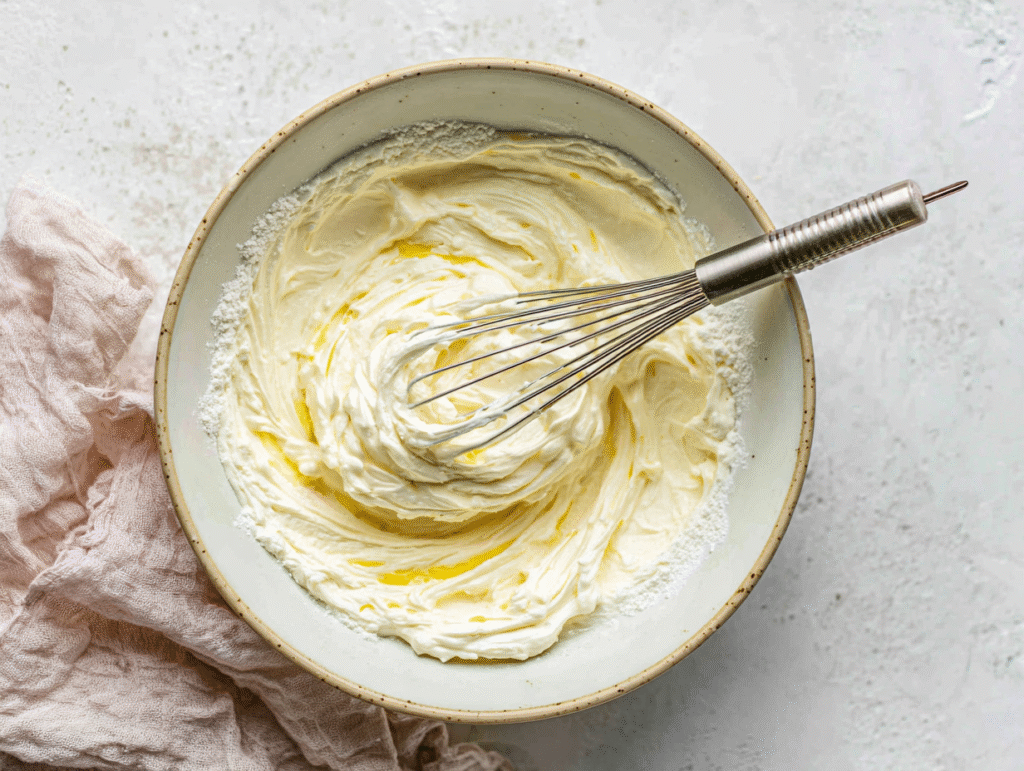 Whisking softened cream cheese with lemon juice