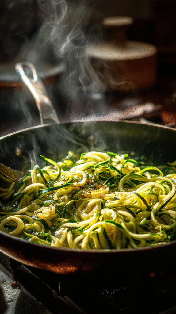 Zucchini noodles sautéing in skillet