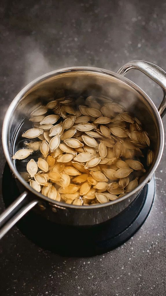 Boiling pumpkin seeds in salted water