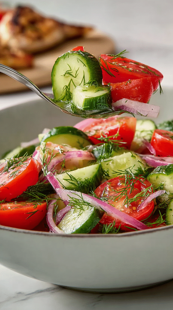 mixing cucumber tomato salad