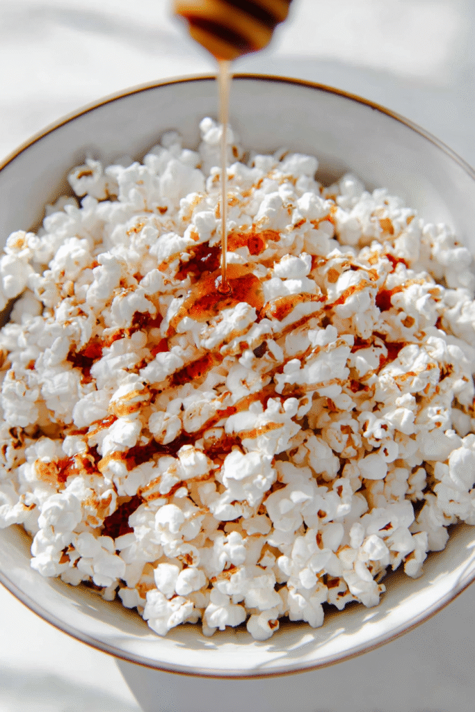 Drizzling hot honey mixture over popcorn, tossing with a spatula in a large bowl.