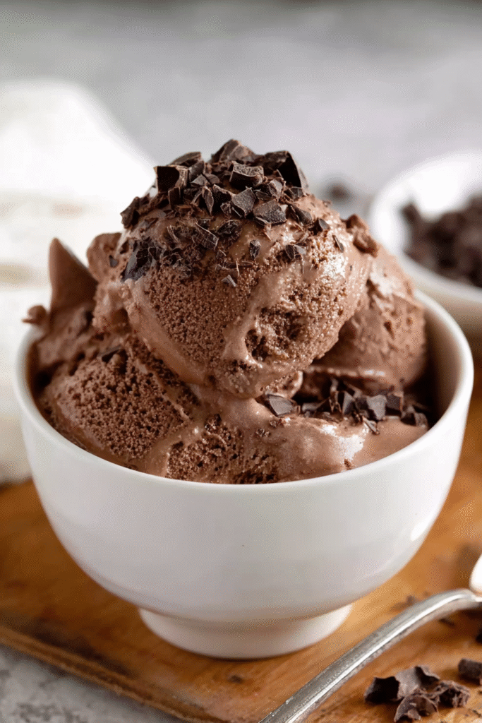 Served cottage cheese chocolate ice cream with toppings