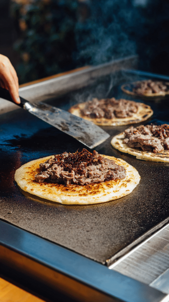 Flipping smash burger tacos with melted cheese