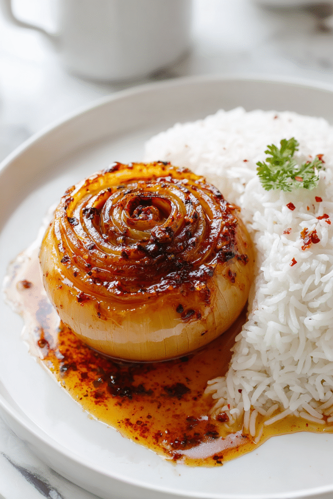 Onion Boil sliced open with tender caramelized layers and seasoned juices