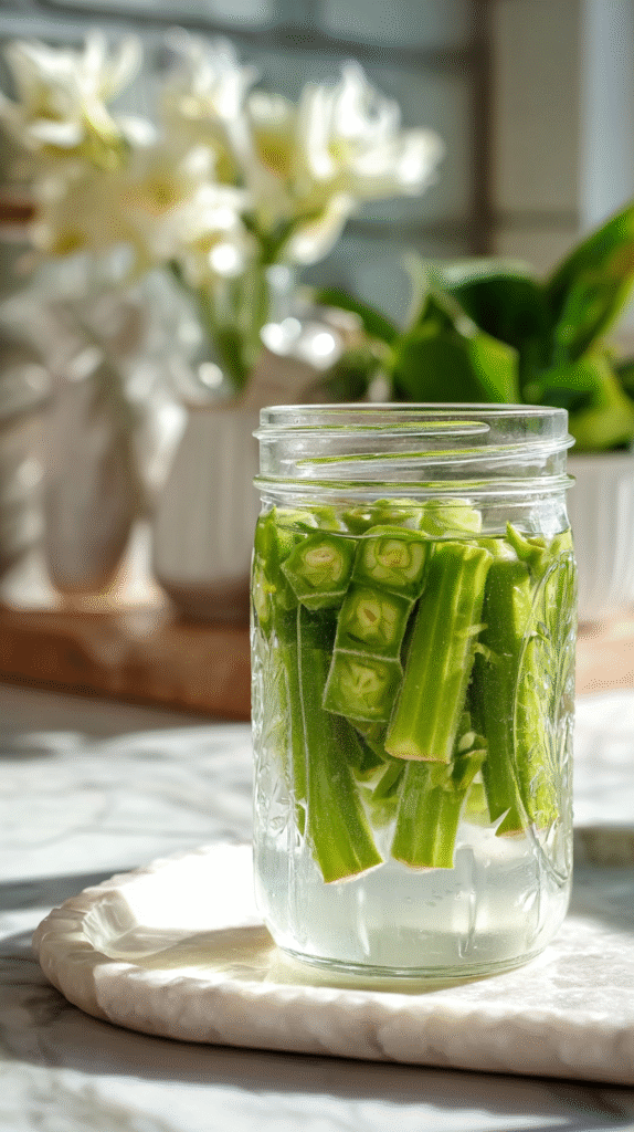 Glass of okra water served with lemon and okra pods