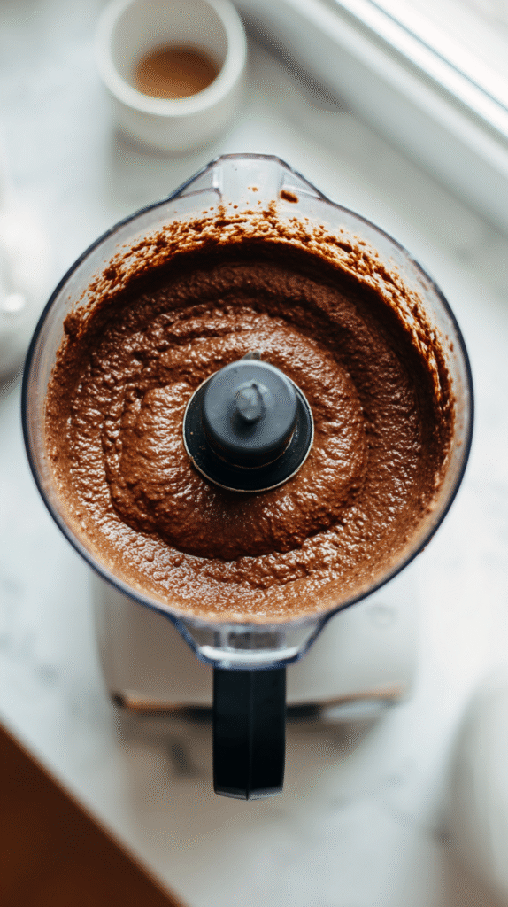 keto avocado brownie batter in food processor