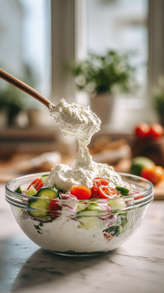 Chopped cucumbers, tomatoes, and onion being added