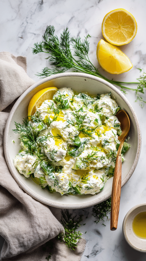 Cottage cheese salad served in a white bowl with fresh dill and lemon