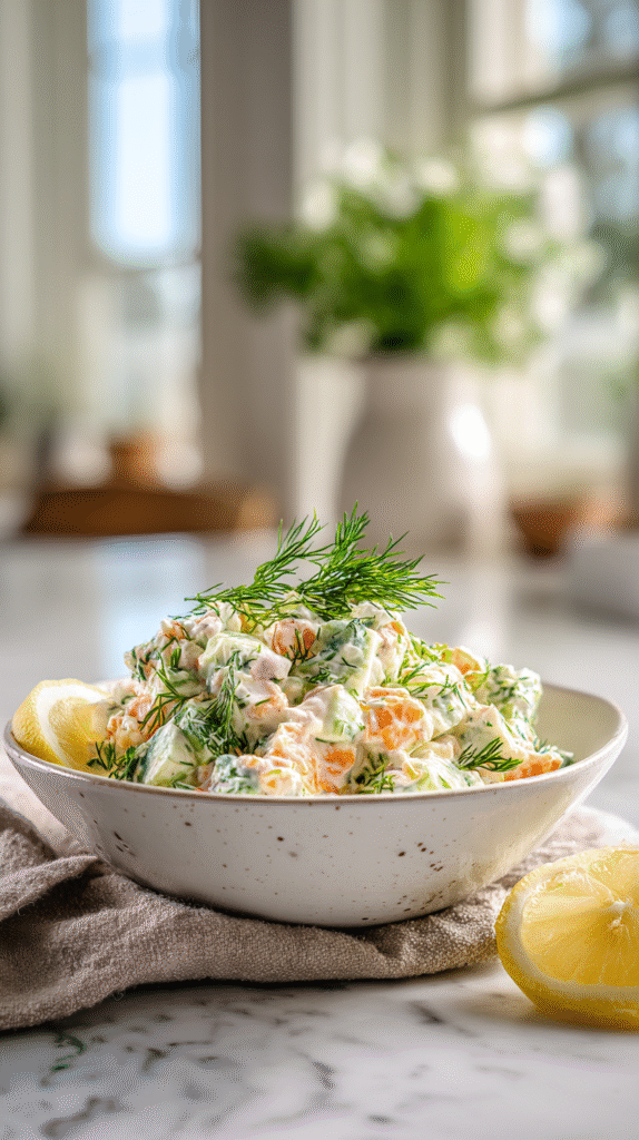 Freshly chilled cottage cheese salad garnished with dill and lemon