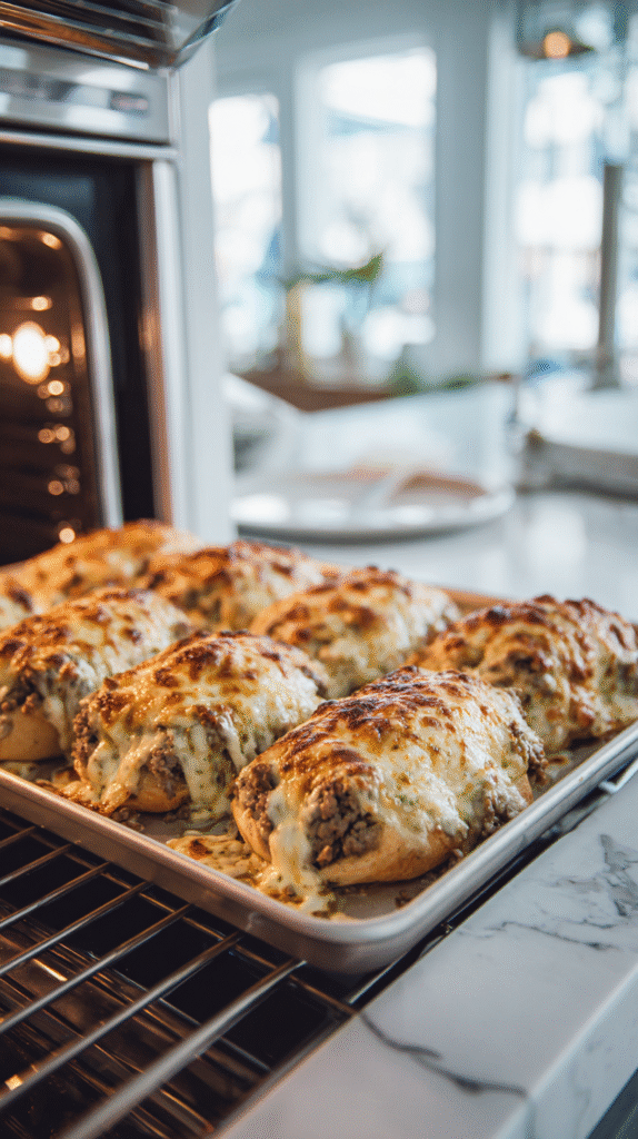 Keto Philly Cheesesteak Rolls baking in oven
