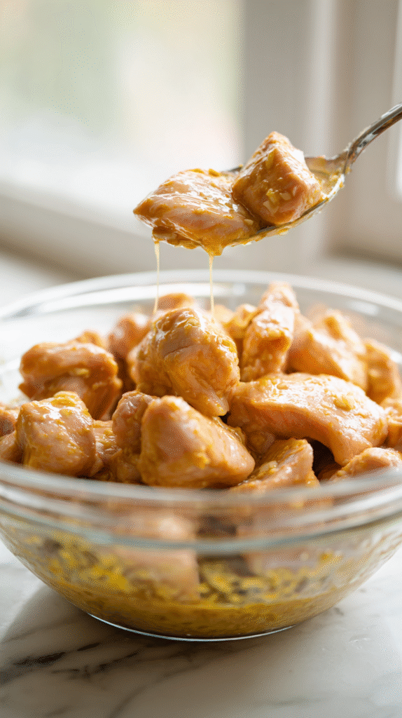 Marinating chicken for Thai skewers in coconut milk and spices
